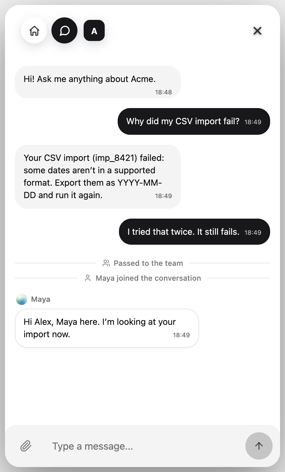 The OneTwoAgent widget after a handoff: “Passed to the team”, then “Maya joined the conversation” and her reply