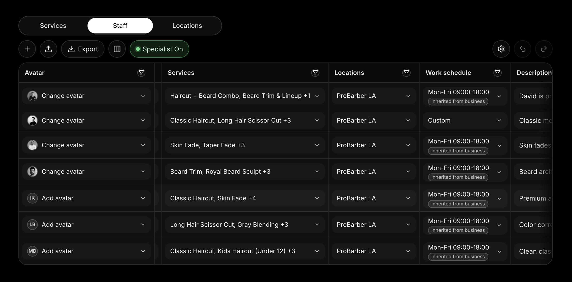 Staff setup dashboard screen