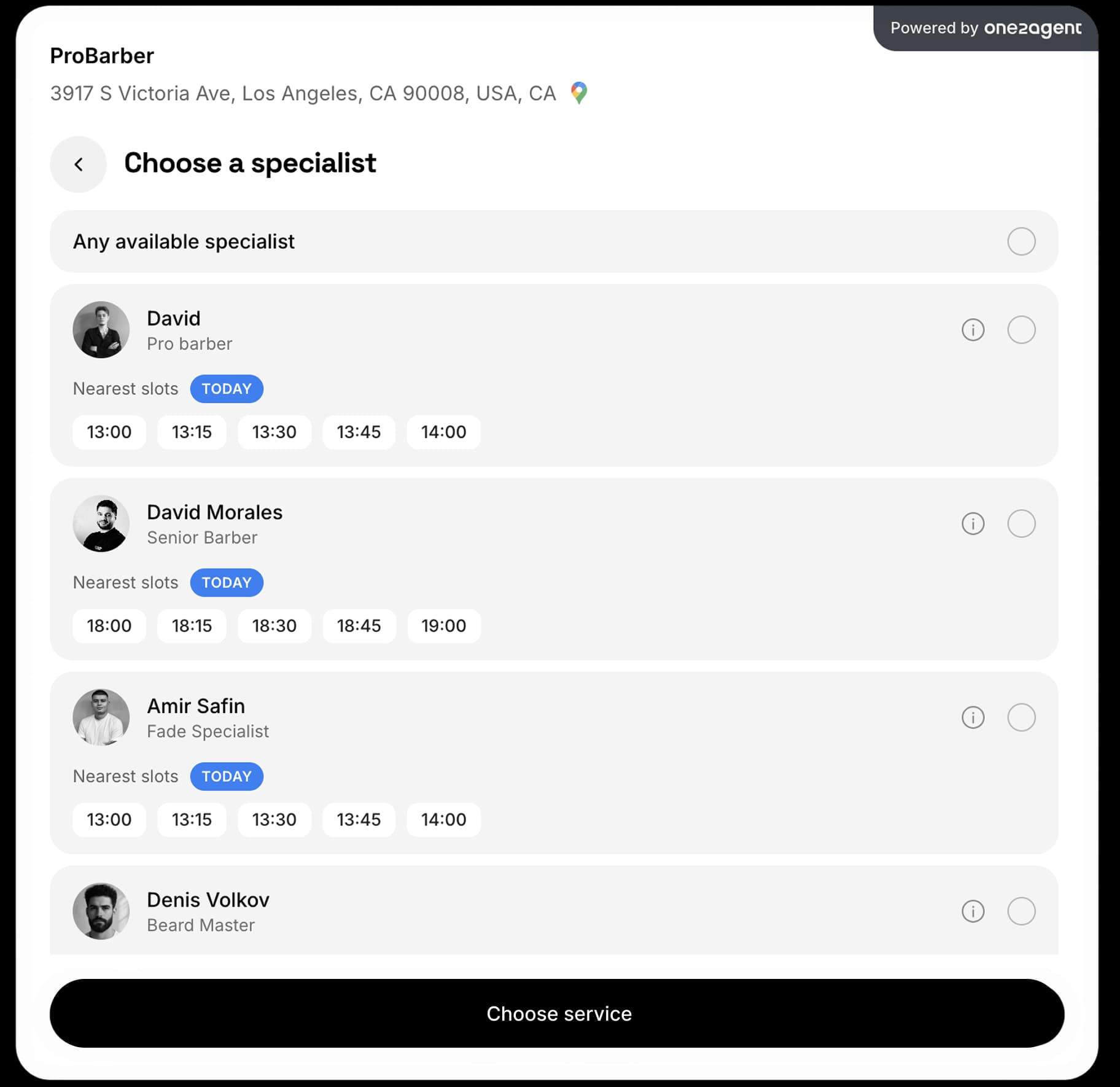 Choose a specialist booking screen