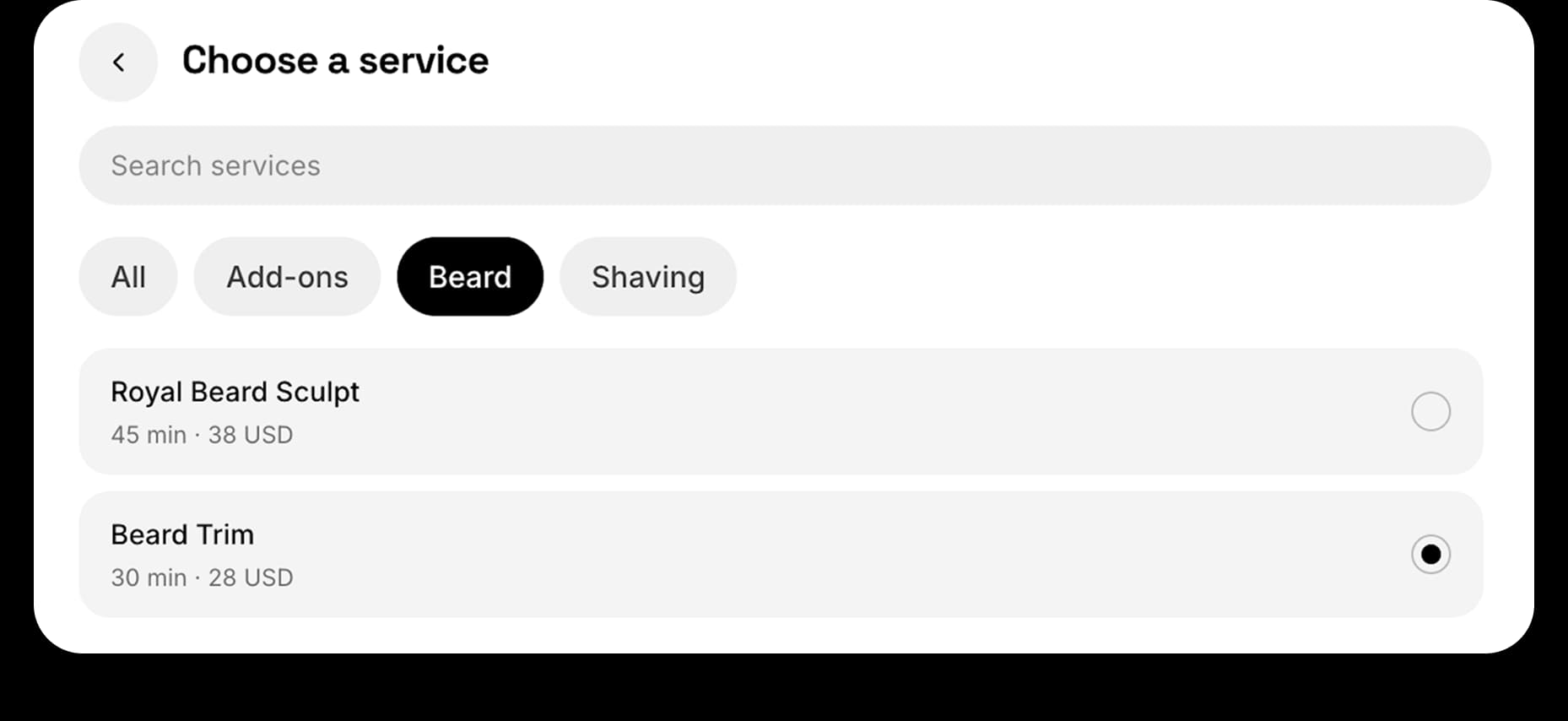 Choose a service booking screen