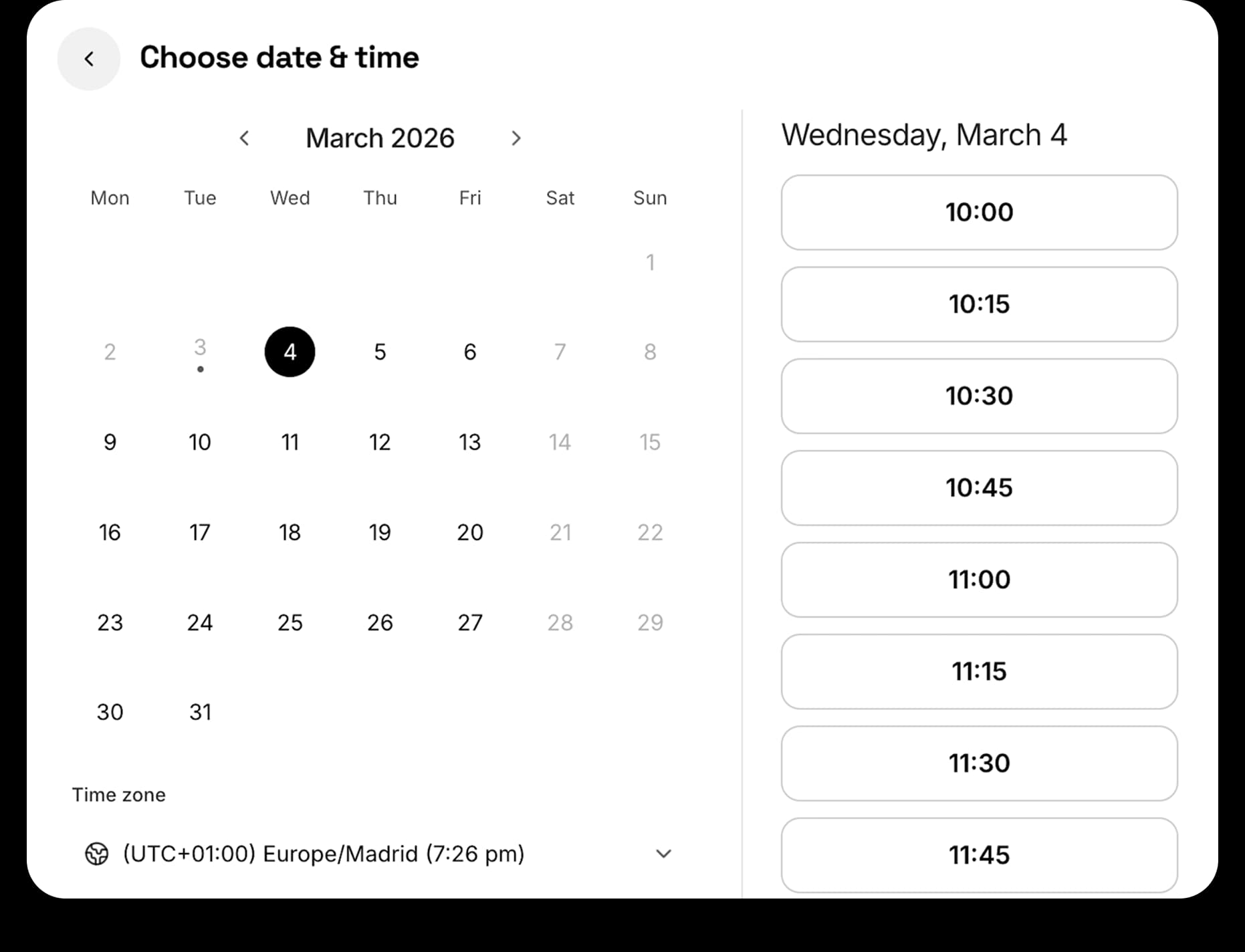 Choose date and time booking screen