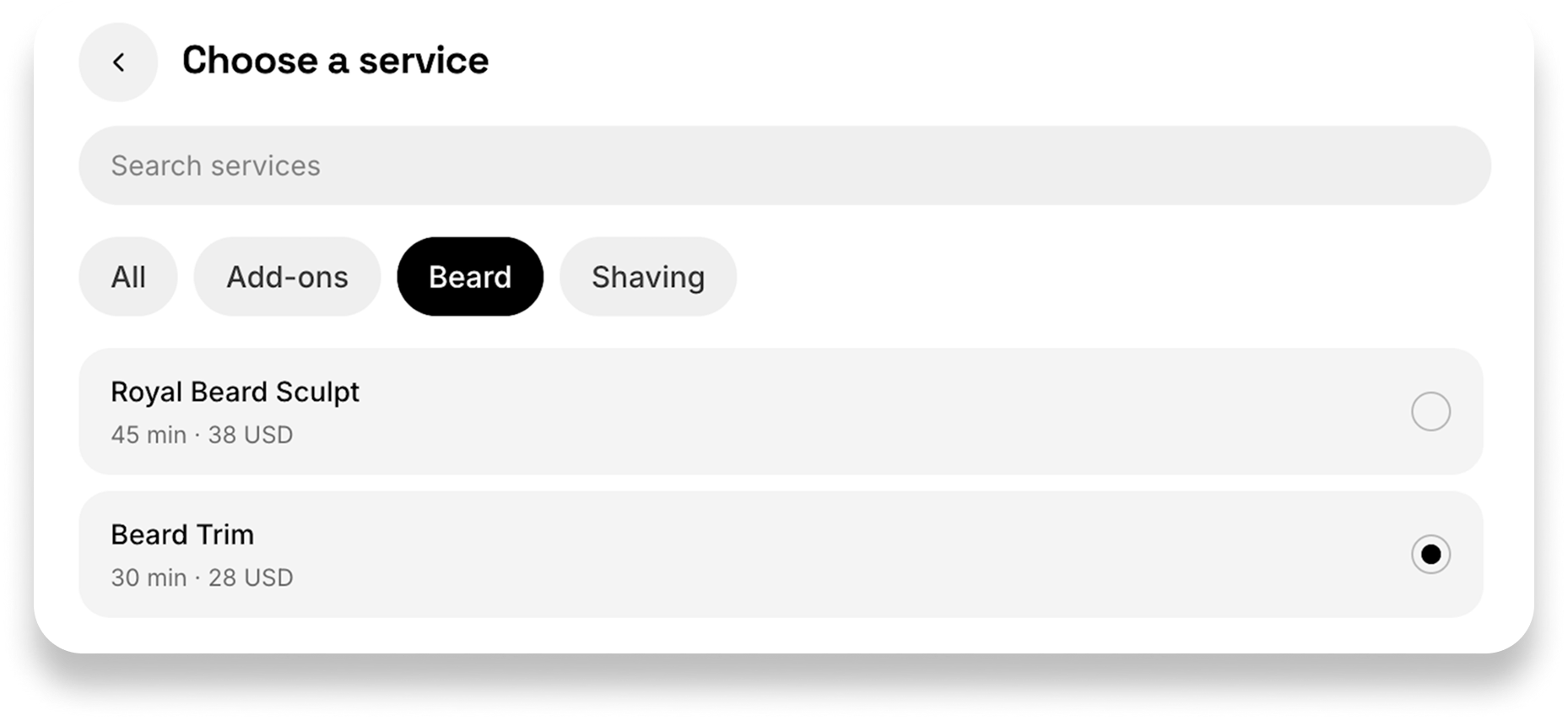 Choose a service booking screen