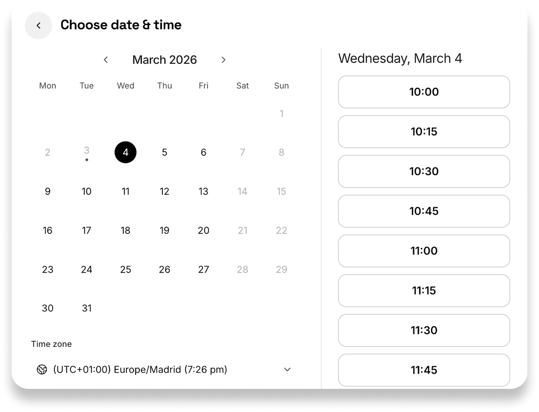 Choose date and time booking screen