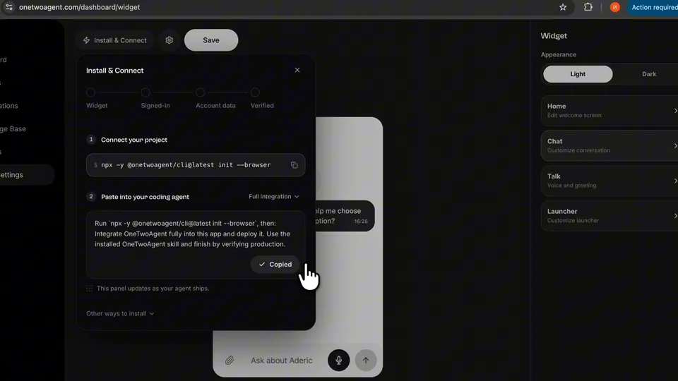 Install & Connect in the OneTwoAgent dashboard with the CLI command and the coding-agent prompt copied