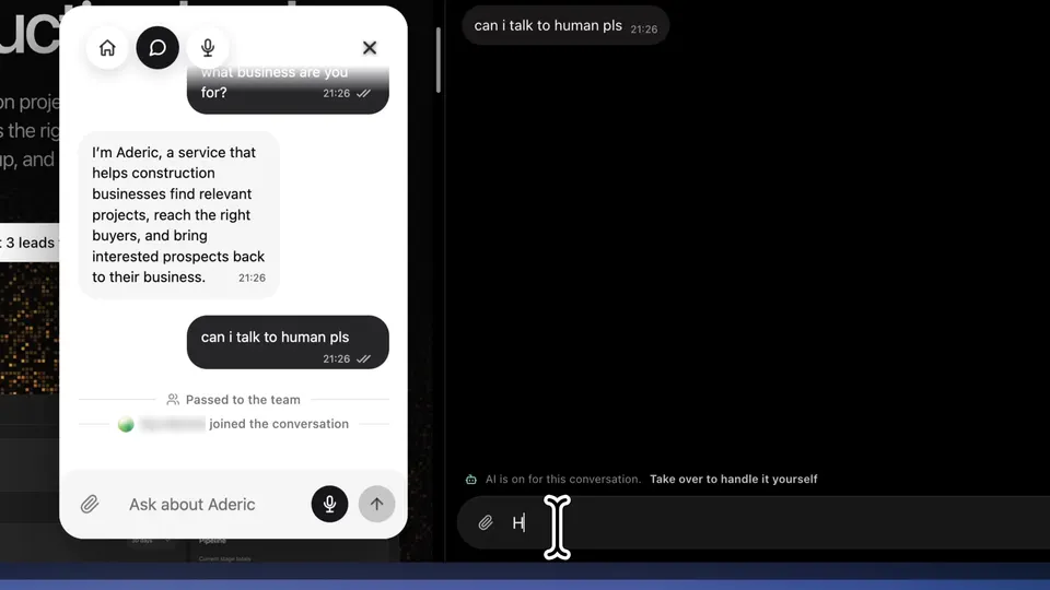 The widget showing “Passed to the team” and a teammate joining the conversation