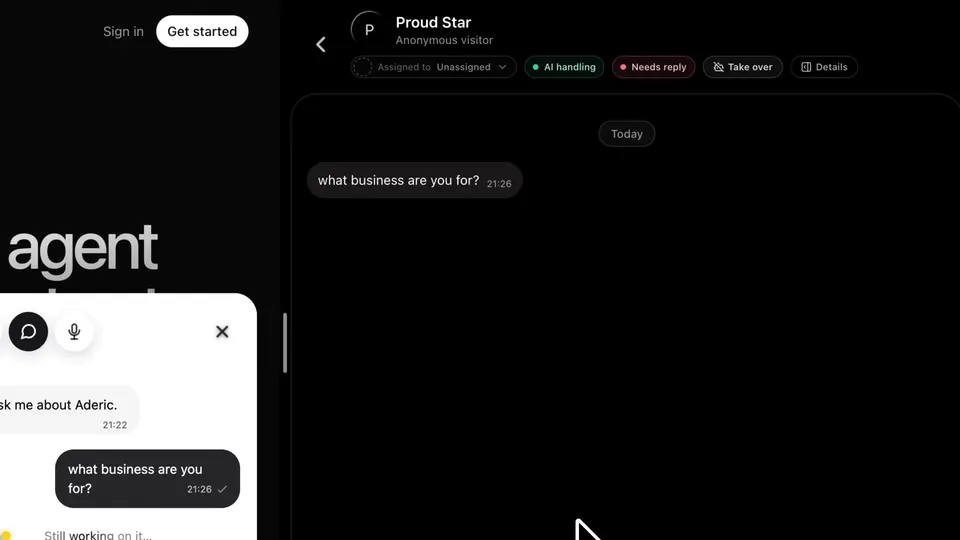 aderic.io with the widget beside the OneTwoAgent inbox showing the same conversation