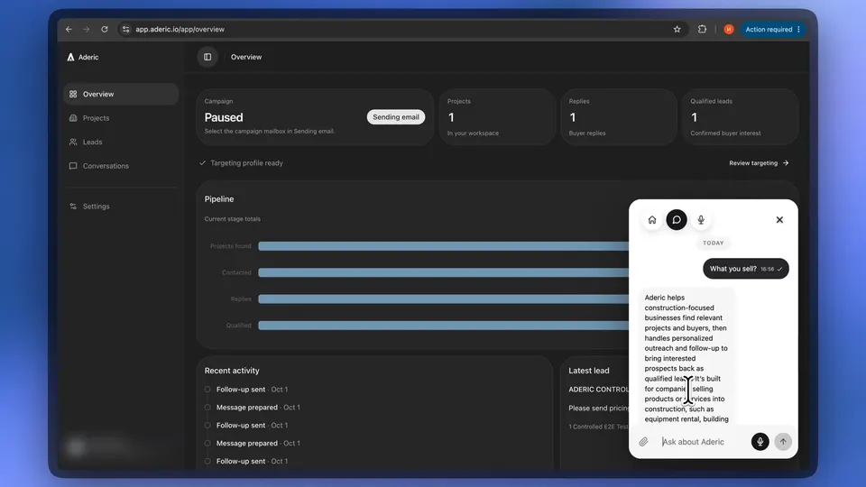 The widget inside Aderic’s signed-in dashboard answering what Aderic sells