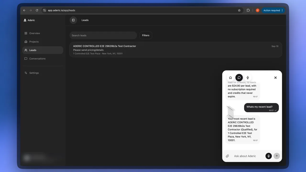 Aderic’s Leads page with the OneTwoAgent widget answering “Whats my recent lead?” with the lead shown in the list — a frame from the walkthrough at 3:24