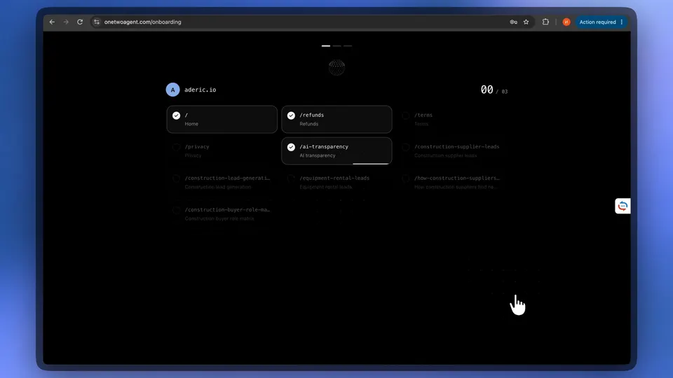 Onboarding: aderic.io pages selected for the agent to learn