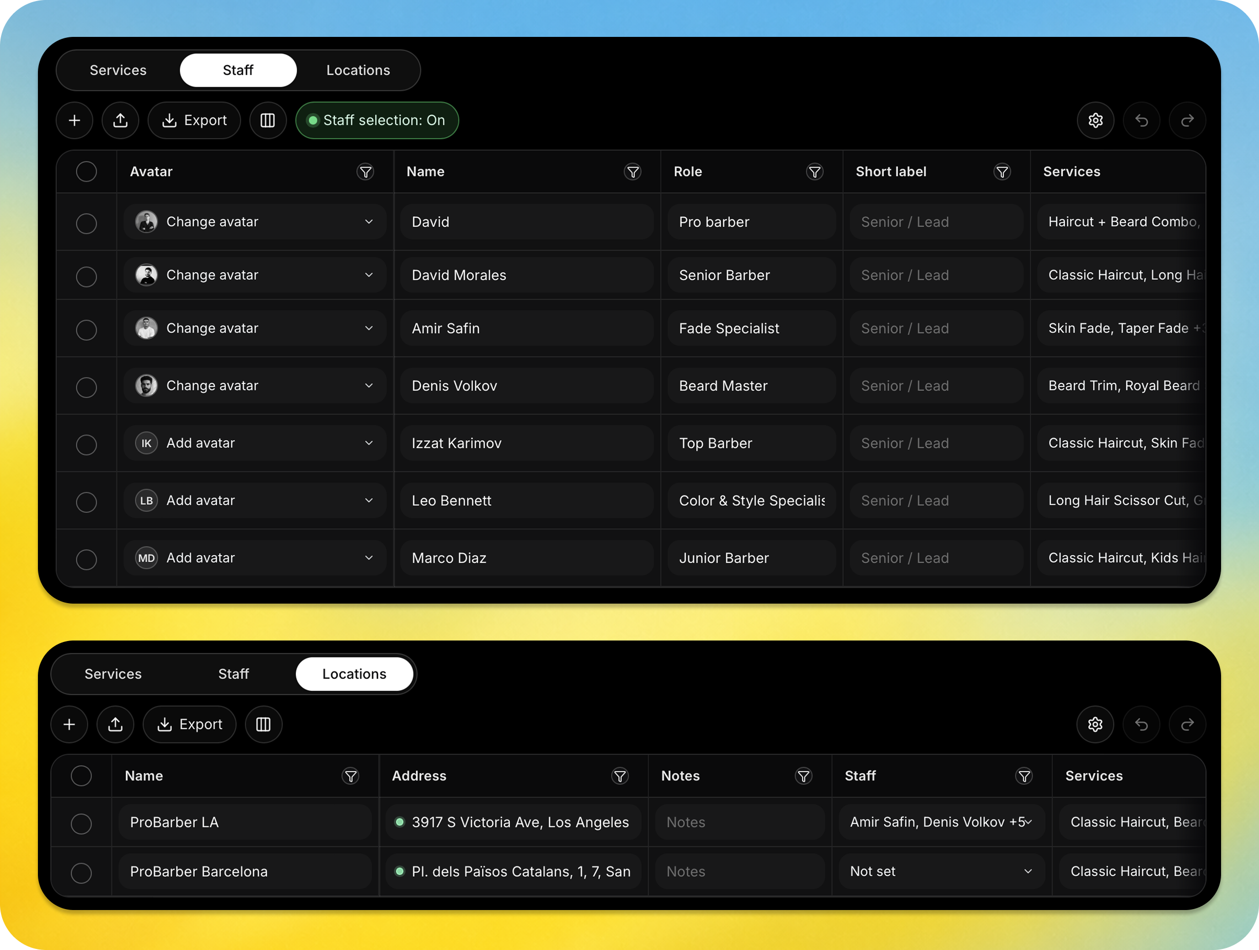 Staff and locations setup screens in OneTwoAgent