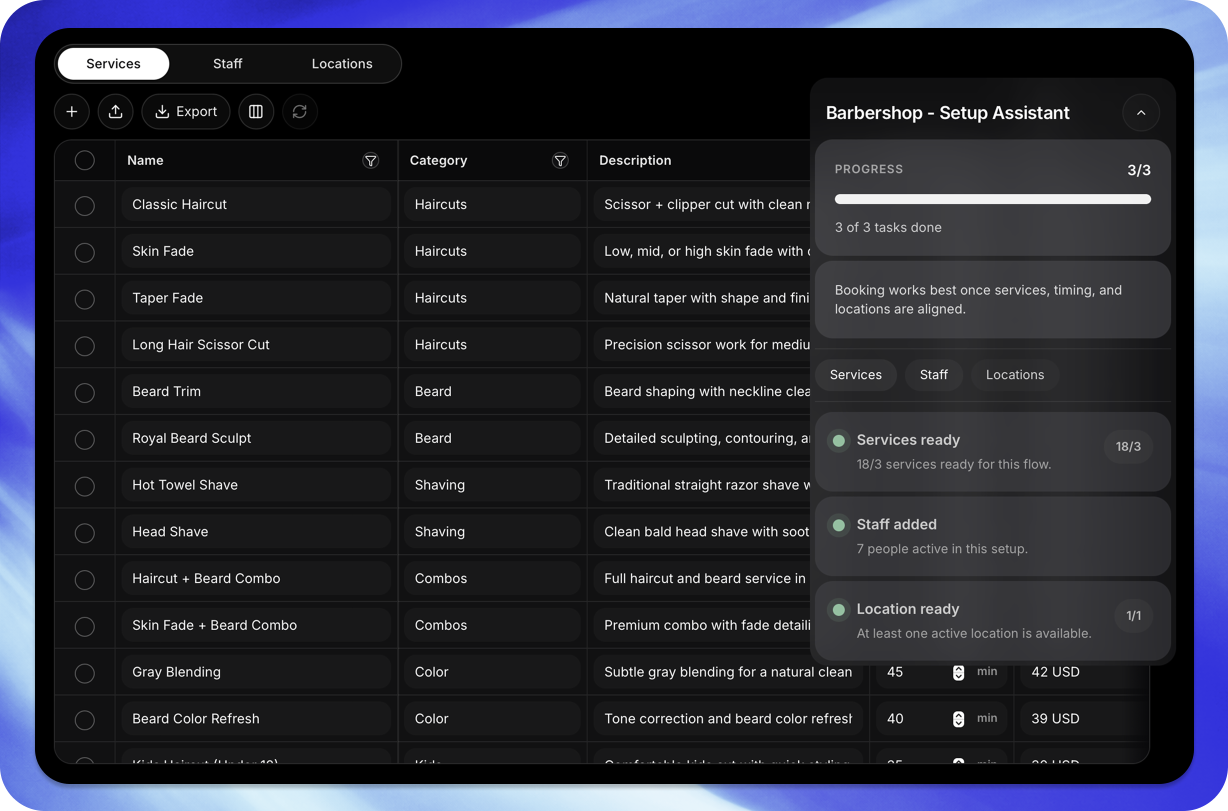 Service catalog and booking setup assistant in OneTwoAgent